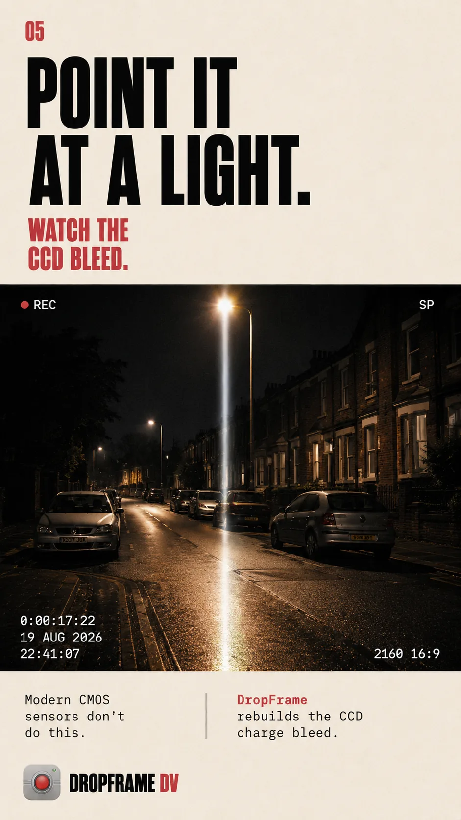 CCD charge bleed — a column of light running the full height of a night street scene from a single streetlight