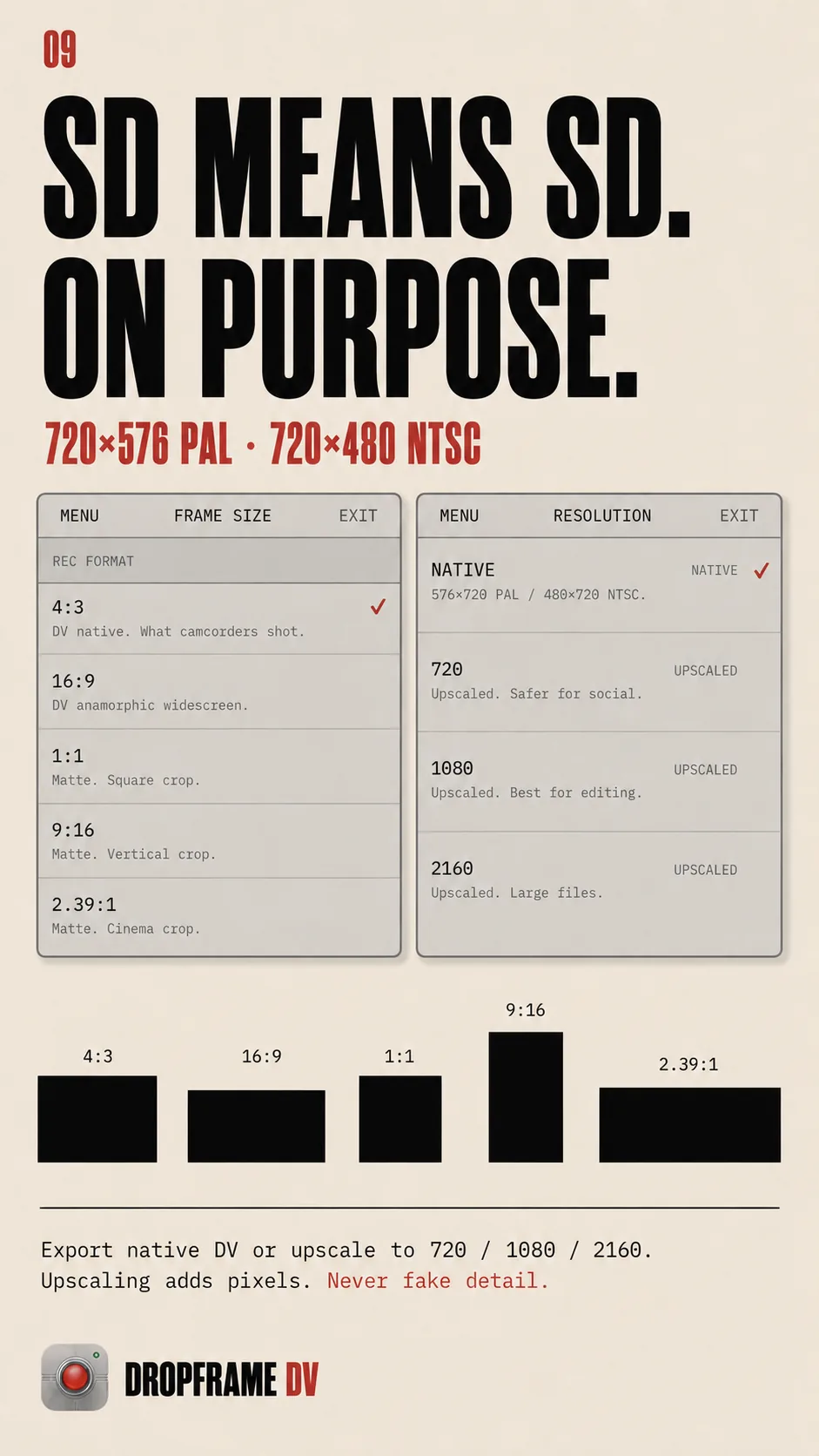 Native standard definition on purpose — 720×576 PAL and 720×480 NTSC, with frame size and resolution menus